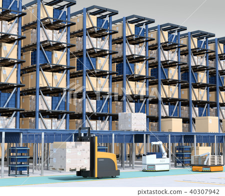 Interior image of a large automatic distribution center. AGV unmanned transport vehicle, efficiency improvement by unmanned operation forklift 40307942