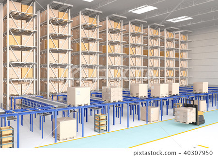Interior image of a large automatic distribution center. AGV unmanned transport vehicle, efficiency improvement by unmanned operation forklift 40307950