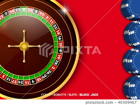 Casino roulette wheel with casino chips on red cas 40309467