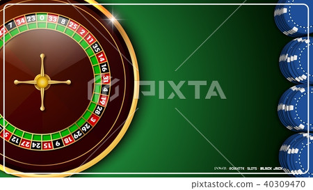 Casino roulette wheel with casino chips on green c 40309470