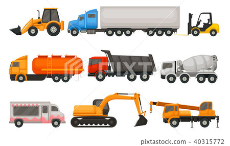 Flat vector set of various types of vehicles. Semi trucks, dumper, food van, tractor, forklift and 40315772