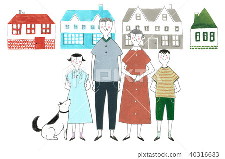 Grandparents and grandchildren taking a walk in a residential area 40316683
