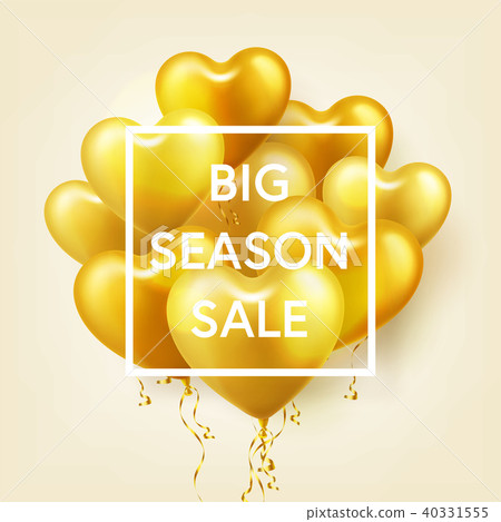 Golden Balloons in heart shape. Season sale banner with gold. Birthday holiday. Carnival. Love. 40331555
