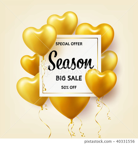 Golden Balloons in heart shape. Season sale banner with gold. Birthday holiday. Carnival. Love. 40331556