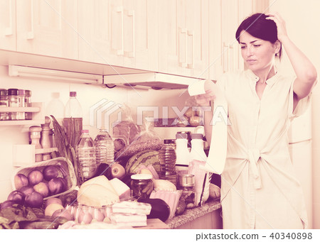 Woman is standing with check and is sading because of the prices of food Woman is standing with check and is sading because of the prices of food 40340898