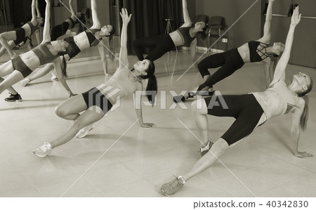 Group of positive fitness women dancing zumba Group of positive fitness women dancing zumba 40342830