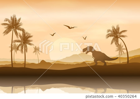 Silhouette of a dinosaur in riverbank background 40350264