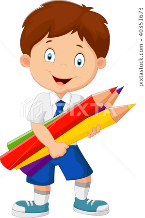 Cartoon school boy holding colorful pencils 40351673