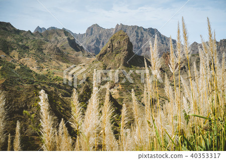 Huge barren mountain peak in dry arid desert landscape. Ribeira Grande. Santo Antao Island, Cape Huge barren mountain peak in dry arid desert landscape. Ribeira Grande. Santo Antao Island, Cape 40353317
