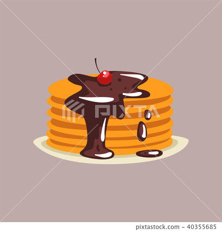 Fresh tasty pancakes with chocolate and cherry on a plate, traditional breakfast food vector Fresh tasty pancakes with chocolate and cherry on a plate, traditional breakfast food vector 40355685