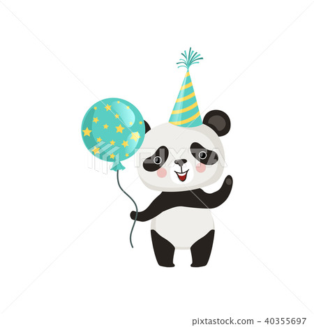 Panda holding glossy balloon and waving by paw. Funny bamboo bear in party hat. Flat vector design 40355697