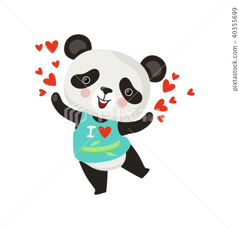 Cartoon character of little panda in t-shirt. Funny bamboo bear with pink cheeks spreading love 40355699