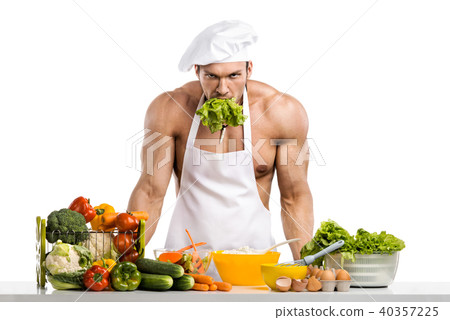 Man bodybuilder in white toque blanche Man bodybuilder in white toque blanche 40357225