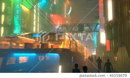 Sci fi futuristic city at night with aerial city traffic and peoples 3d illustration 40358670