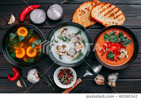 Variety of colorful vegetables cream soups and ingredients for s Variety of colorful vegetables cream soups and ingredients for s 40360142