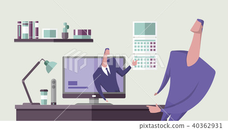 Man pointing at calendar date from computer monitor to another man in office interior. Online 40362931