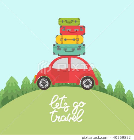 Red car with luggage on the roof for long vacation road trip Red car with luggage on the roof for long vacation road trip 40369852