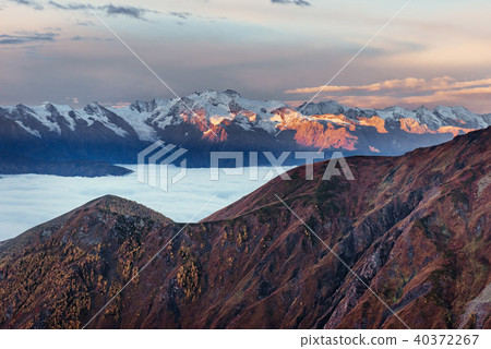 Thick fog on the mountain pass Goulet. Georgia Svaneti Europe. 40372267