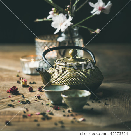 Traditional Asian tea ceremony arrangement over wooden background, square crop Traditional Asian tea ceremony arrangement over wooden background, square crop 40373704