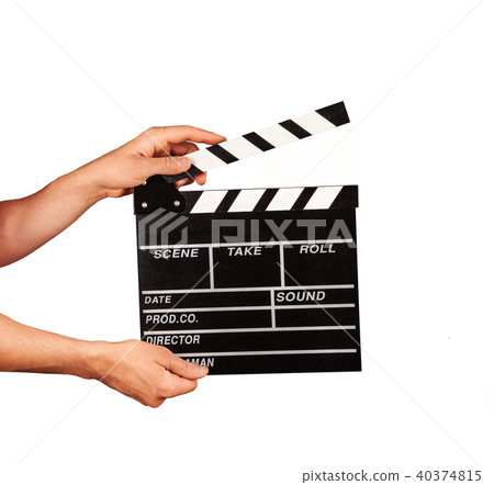 Man with film clapper on white background Man with film clapper on white background 40374815