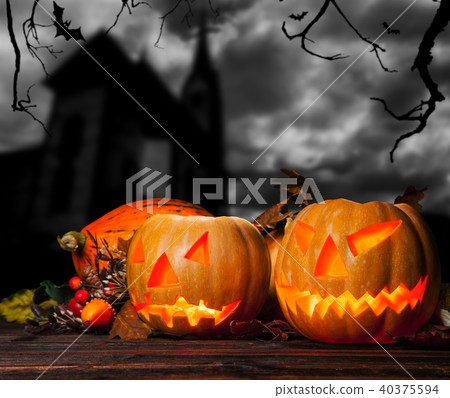 Halloween pumpkins with church on background 40375594
