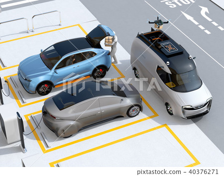 A deliveryman opens the trunk of the car in the parking lot and delivers the in-vehicle drone at the same time. Last one mile concept A deliveryman opens the trunk of the car in the parking lot and delivers the in-vehicle drone at the same time. Last one mile concept 40376271