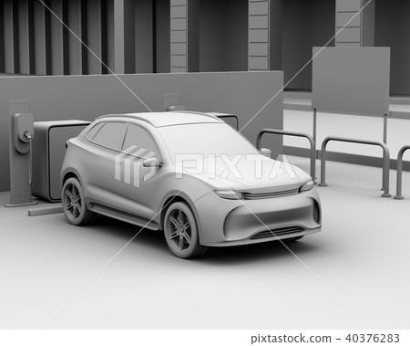 Clay shading image of electric SUV charging in a car sharing private parking lot 40376283