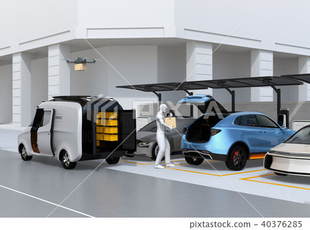 A deliveryman opens the trunk of the car in the parking lot and delivers the in-vehicle drone at the same time. Last one mile concept 40376285