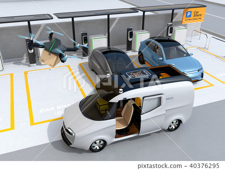 飛行在送貨車的天花板的交付寄生蟲的圖像在交付下。最後一英里的概念 40376295