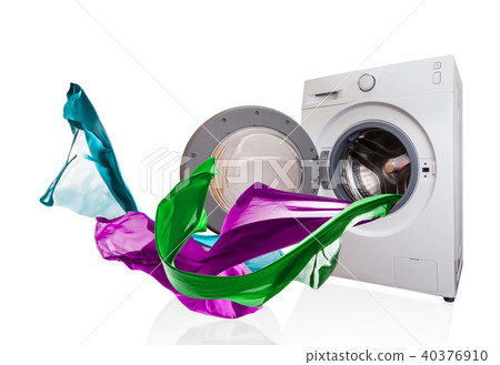 Colored cloth flying from washing machine 40376910