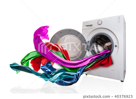Colored cloth flying from washing machine 40376923
