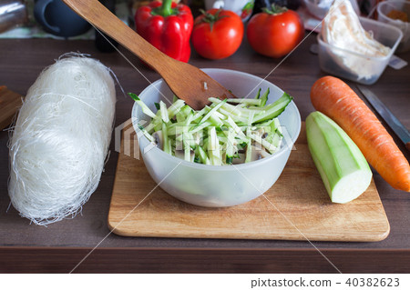 mise en place setup of ingredients for dinner  40382623