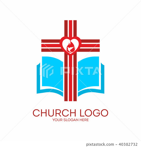 Church logo. Cross, heart, red, white, blue, icon 40382732