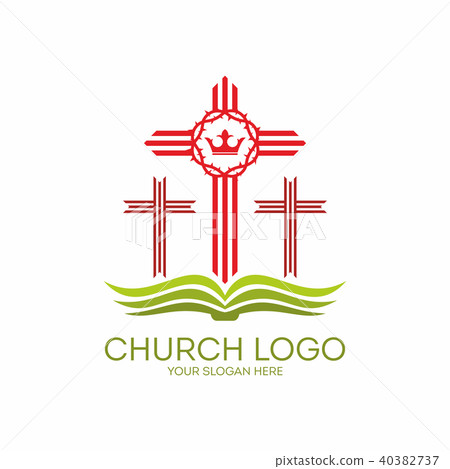 Church logo. Three crosses on a Bible Church logo. Three crosses on a Bible 40382737