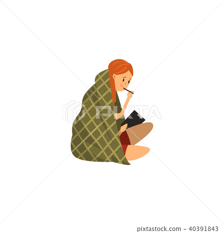 Girl sitting on the floor wrapped in a blanket and drawing on paper attached to a clipboard vector 40391843