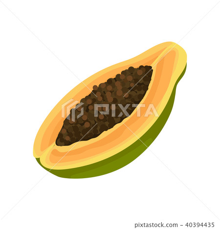 Half of raw papaya with brown seeds inside. Delicious tropical fruit. Organic and healthy food. Flat 40394435
