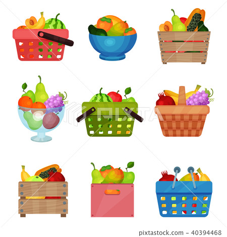 Flat vector set of wooden boxes, bowl, containers, shopping and picnic baskets with fresh fruits Flat vector set of wooden boxes, bowl, containers, shopping and picnic baskets with fresh fruits 40394468