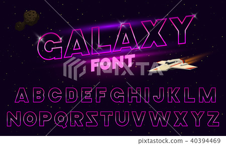 80 s purple neon retro font. Futuristic chrome letters. Bright Alphabet on dark background. Light 40394469