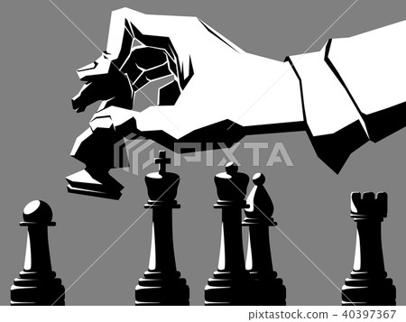 Black and white illustration hand with chessmen. 40397367
