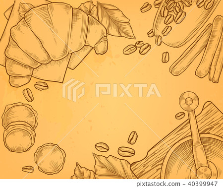 Vector breakfast concept, hand drawn coffee, croissant Vector breakfast concept, hand drawn coffee, croissant 40399947