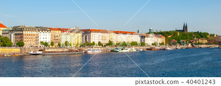 Rasin Embankment with boats on Vltava River on sunny summer day. Prague, Czech Republic 40401243