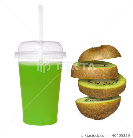 Fresh kiwi juice in a transparent glass with a tube. Falling sliced kiwi 40405229