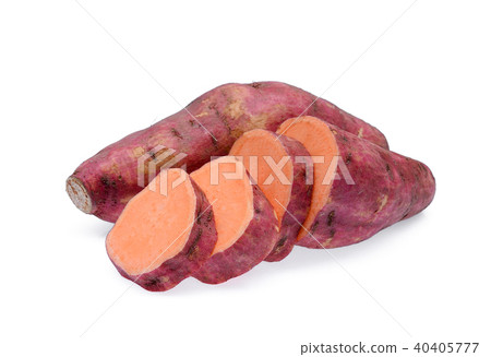 raw sweet potatoes with slice isolated on white  40405777