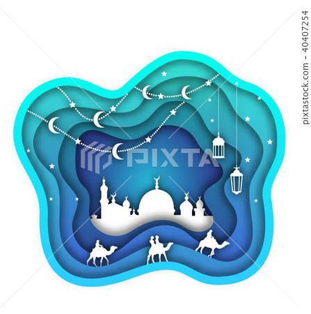 Ramadan Kareem Background, Mosque, Lanterns, Moon, Camels. Islamic Design, Cut Paper Template Ramadan Kareem Background, Mosque, Lanterns, Moon, Camels. Islamic Design, Cut Paper Template 40407254