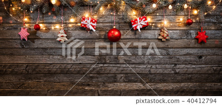 Christmas background with wooden decorations and spot lights. 40412794