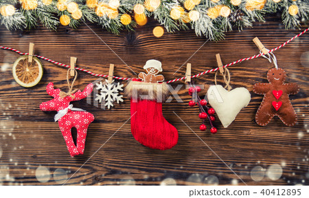 Christmas decoration placed on wooden planks Christmas decoration placed on wooden planks 40412895
