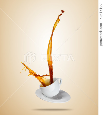 Porcelaine white cup with splashing coffee or tea liquid separated on brown background. Porcelaine white cup with splashing coffee or tea liquid separated on brown background. 40413199