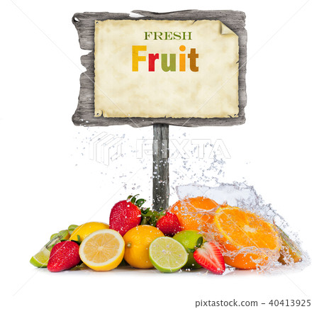 Fresh fruit in water splash and wooden board Fresh fruit in water splash and wooden board 40413925
