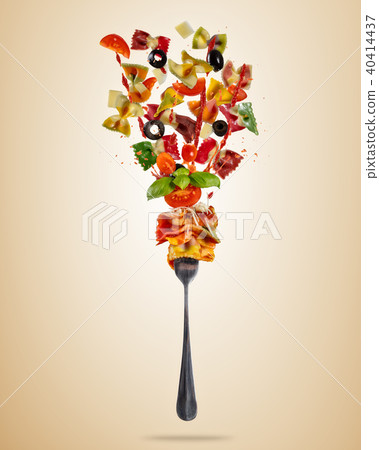 Concept of flying food with fork and traditional italian farfalle pasta 40414437