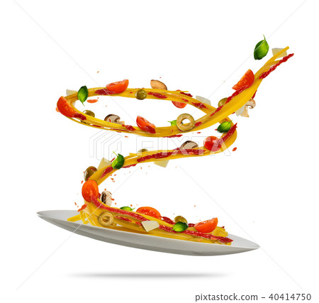 Concept of flying food with plate and traditional italian pasta with vegetable. Concept of flying food with plate and traditional italian pasta with vegetable. 40414750